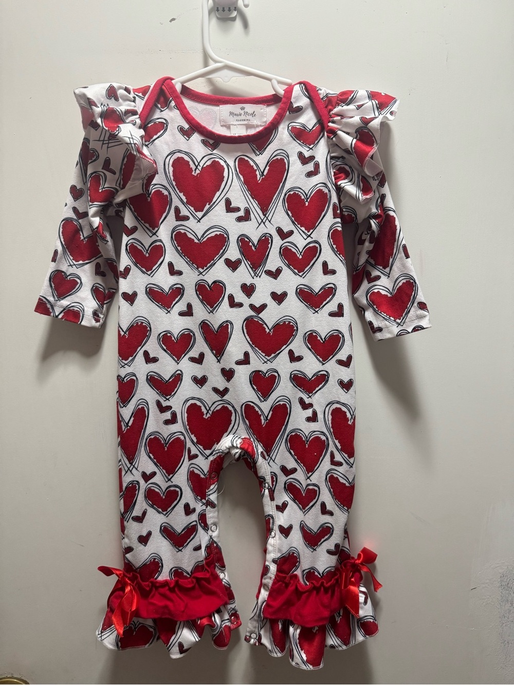 Red Heart Print Ruffle One-Piece Bodysuit by None